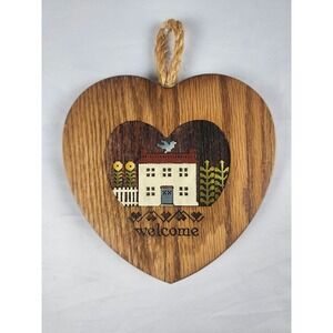 Vintage Woodcut Engraving Heart Welcome Wall Hanging Folk Art Rustic Country